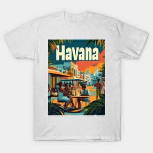 Experience the charm of Havana as friends gather at a lively cafe, enjoying drinks and conversations beneath a beautiful sunset, surrounded T-Shirt